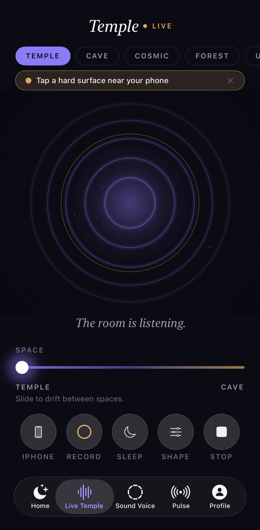 A live Tembra session: the aura breathing mid-session, the spaces strip below