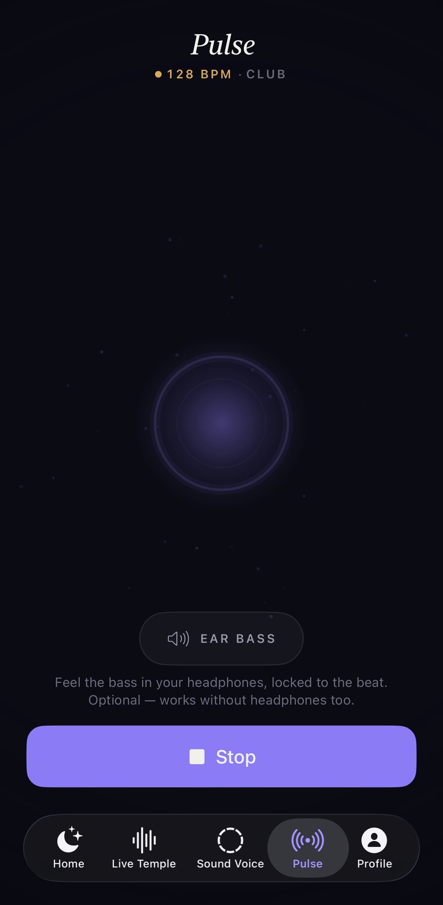 Pulse locked to a club track at 128 BPM — the aura flashes on every beat