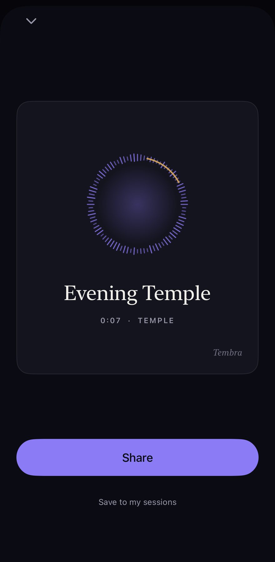 A recorded Tembra session as a share card: Evening Temple, with a waveform halo
